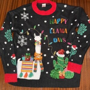 Holiday Time Happy Llama Days Sweater Womens Sz XS Black Ugly Christmas